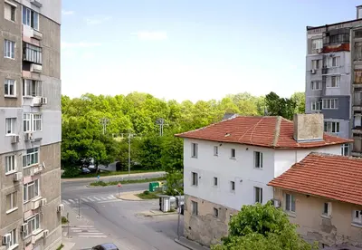 an aerial view of a building and a street at ~ The Blue ~ 1BD Flat near Asparuhovo Sea Garden in Varna City