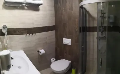 a bathroom with a shower and a toilet and a sink at euroHOTEL Primorsko in Primorsko