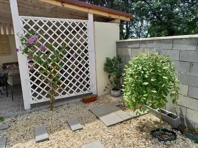 a white privacy fence in a yard with two plants at вила ФЛОРА in Chernomorets