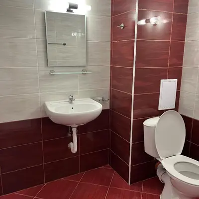 a bathroom with a toilet and a sink at Къща за гости CANAVAN'S in Ravda