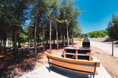 a park bench in a park with trees and a stove at Imperial Fort Club in Sveti Vlas