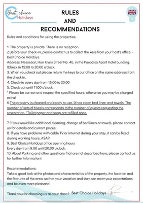 a screenshot of the rules and recommendations page of a website at ESPERANTO 402 Large Studio Sunny Beach in Sunny Beach