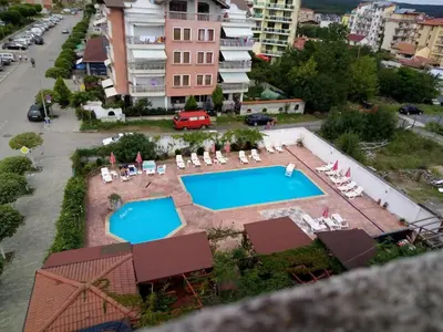 an aerial view of a swimming pool in a city at Studio N in Primorsko