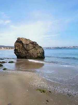 a large rock sitting on a beach near the water at Lily Beach - Apartment 408A in Sozopol