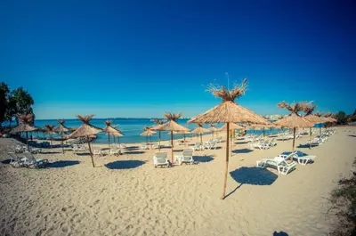 a beach with chairs and umbrellas and the ocean at Prestige Mer d'Azur in Sunny Beach