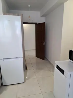 a kitchen with a white refrigerator and a door at Salvia in Ravda