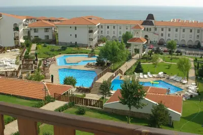 a view of a resort with two swimming pools at Sveti Vlas Kambani Bells 3 Ap 7a in Sveti Vlas