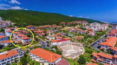 an aerial view of a city with a yellow circle at Sveti Vlas Kambani Bells 3 Ap 7a in Sveti Vlas