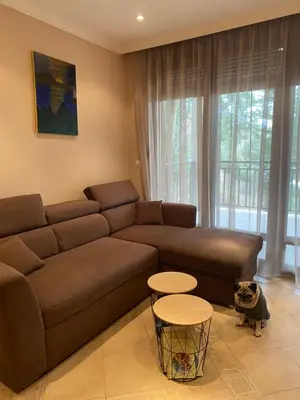 a living room with a brown couch and a cat in it at AJ Apartment 1 with Pool view, Santa Marina Holiday Village, Sozopol in Sozopol