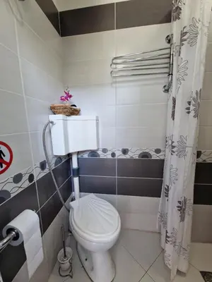 a bathroom with a toilet and a shower curtain at Етаж от къща с двор in Burgas City