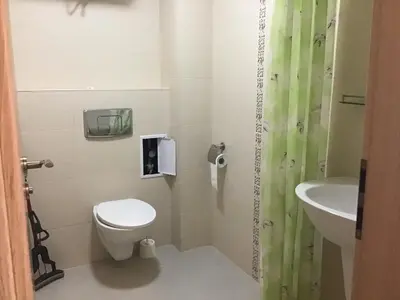 a small bathroom with a toilet and a sink at Casa del Mar Apartment in Obzor