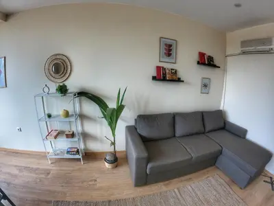 a living room with a couch and a plant at By The Cathedral, 1 bed flat in Varna City