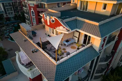 an overhead view of a house with a roof at Messembria Resort in Sunny Beach