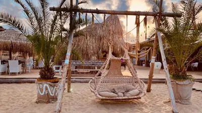 a hammock in the middle of a resort with palm trees at Infinity View Shkorpilovci in Shkorpilovtsi
