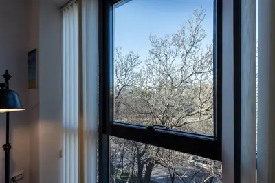 a window with a view of a tree at Студио в близост до Община Варна in Varna City