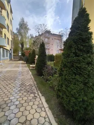 a street with two large trees next to a building at Ваканционно студио Аквария in Sunny Beach