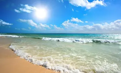 a view of the beach with the ocean at VECHNA R 18 Studio Sunny Beach in Sunny Beach