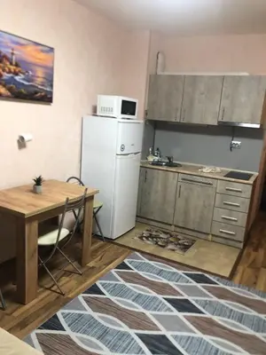 a kitchen with a white refrigerator and a table at Studio Sveti Vlas 