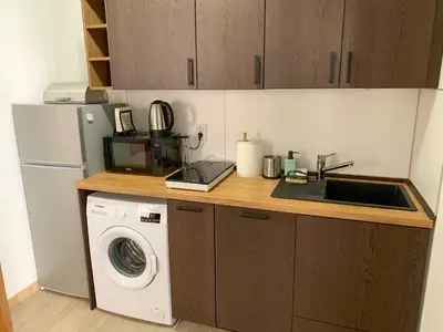 a kitchen with a sink and a washing machine at Todorka Sunny View Central w Słonecznym Brzegu in Sunny Beach