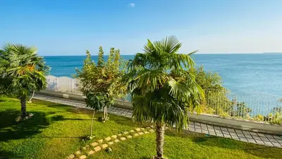 a garden with palm trees and the ocean in the background at ALEX BEACH Apartello·com - Amazing apartments with sea view! in Sveti Vlas