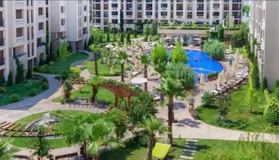 an aerial view of a resort with a swimming pool at Deluxe Appartement in Cascadas Resort Sunny Beach in Sunny Beach