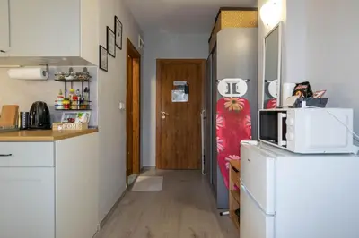 a kitchen with a refrigerator and a microwave at Joy Apartment Sunny Beach in Sunny Beach