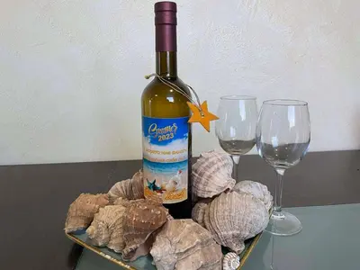 a bottle of wine and two wine glasses on a table at Apart hotel Gallery Studio in Sunny Beach