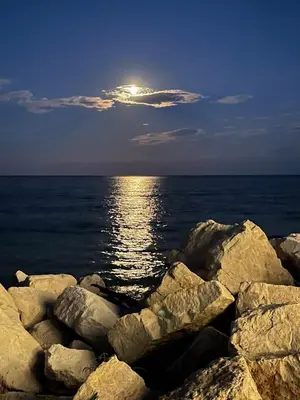 a group of rocks on the ocean with the sun in the sky at Obzor Beach Resort Beachfront in Obzor