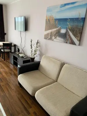 a living room with a couch and a picture of the ocean at Студио Нели- Созополистайл Клуб in Sozopol