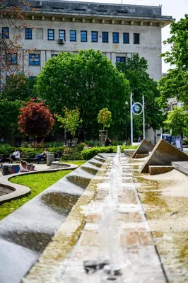 a water fountain in front of a building at ПАЦО in Burgas City