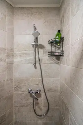a shower with a green bird sitting on a shelf at Top location in center and paid parking in Varna City