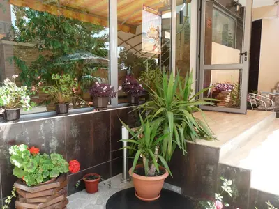 a bunch of potted plants on the side of a building at Семеен Хотел Детелини in Primorsko