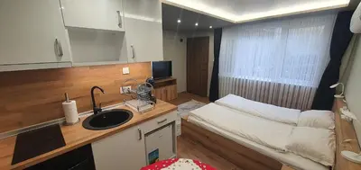 a small room with a bed and a sink at KALI GUEST ROOM in Varna City