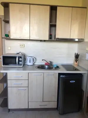 a small kitchen with a microwave and a sink at Cute Studio Apt, Pollo Resort in Sunny Beach
